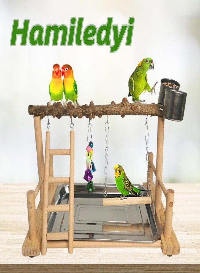 Hamiledyi Parrot Playground Bird Playstand Wood Exercise Play Perch Exercise Gym with Feeder Cups Toys Cockatiel with Ladder Hanging Swing for Pet Conure Lovebirds Life Activity Center Training Stand - Image 2