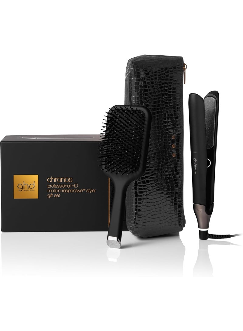 ghd Chronos Festive Gift Set - Hair Straightener with Paddle Brush & Heat-Resistant Bag & Mat | Black, Christmas Collection - Image 1