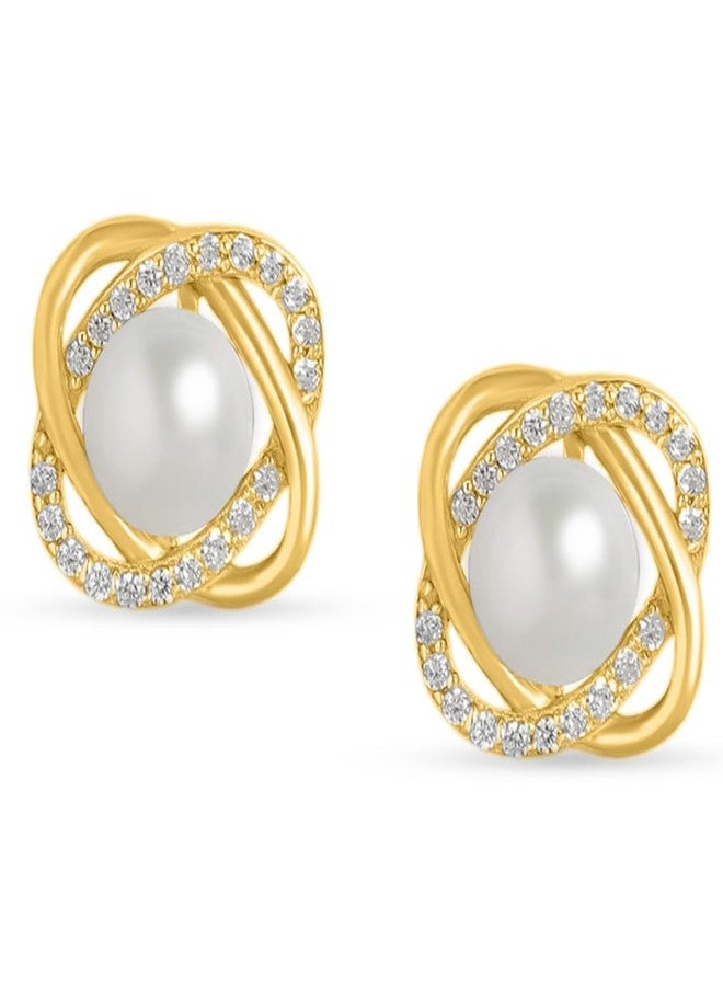 Zavya 925 Sterling Silver Abstract Pearl Gold Plated Stud Earrings | Gift for Women and Girls | With Certificate of Authenticity & 925 Stamp - Image 1