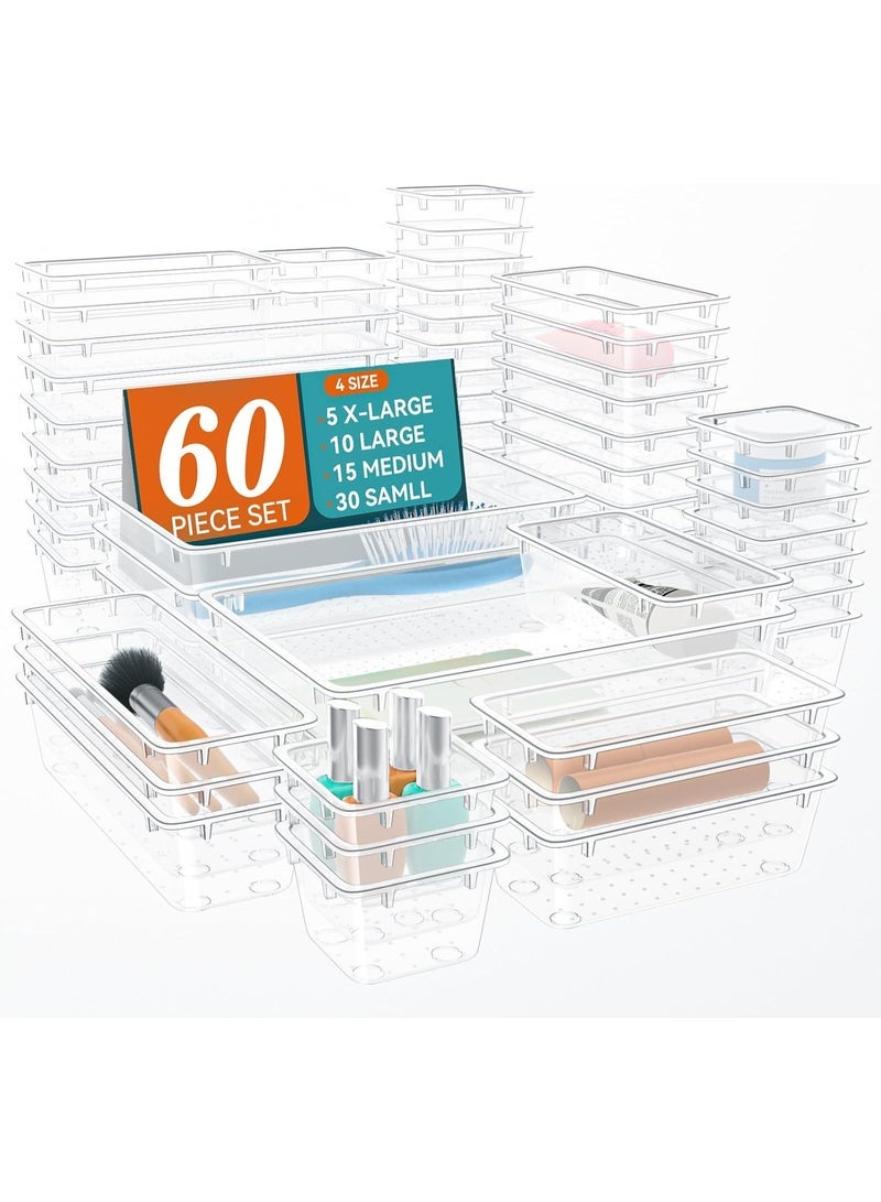 imported 60 Piece Drawer Organizer Set, 4 Sizes Storage Drawer Units, Clear Plastic Makeup Organizer and Storage Boxes for Makeup, Stationery, and Multi-Tools for Bathroom, Office, and Bedroom - Image 1