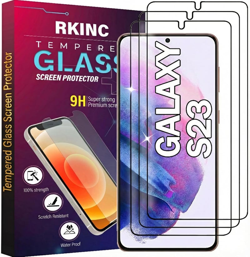 ريكنك واقي شاشة RKINC [عبوة من 3 قطع] لهاتف Samsung Galaxy S23 5G، واقي شاشة من الزجاج المقسى، بسمك 0.33 مم متوافق مع بصمة الإصبع [مضاد للخدش] [مضاد للكسر] [خالٍ من الفقاعات] - Image 1