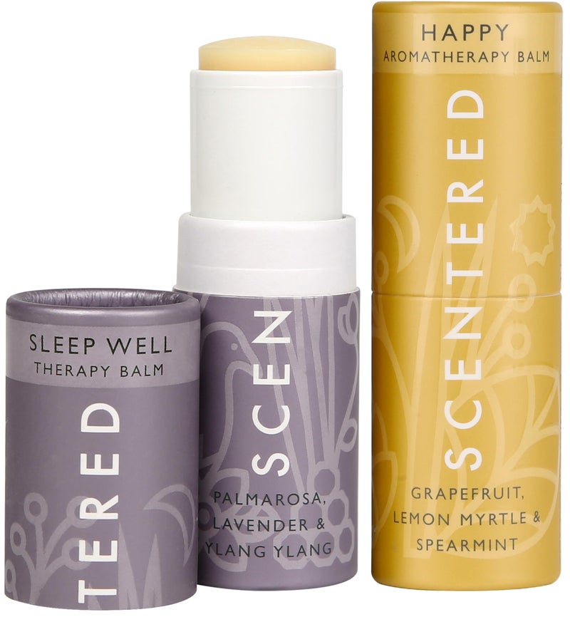 Scentered Scentered Aromatherapy Balm Stick Duo for Sleep Support  Mood Boost  Roll On Essential Oil Blends of Lemon Myrtle Lavender Ylang Ylang  Aromatherapy Gifts for Women  Sleep Well  Happy 
