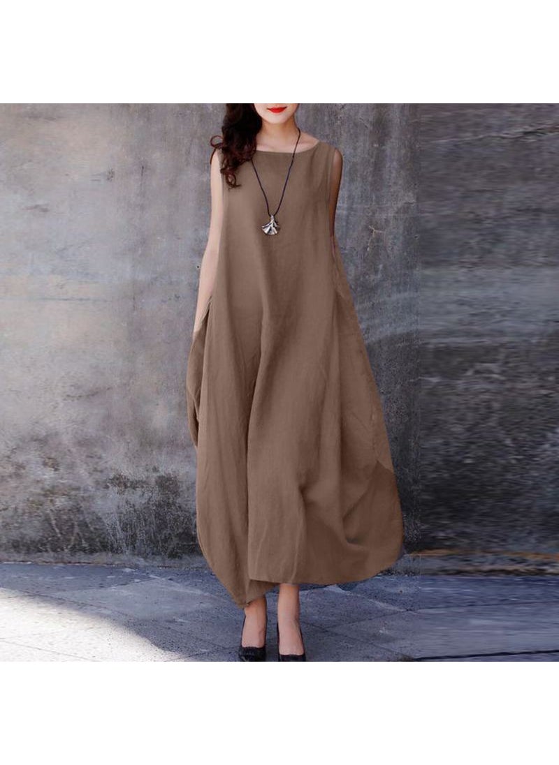 Generic - 2024 Spring Summer Casual Plus Size Sleeveless Dress Camel - Image 1
