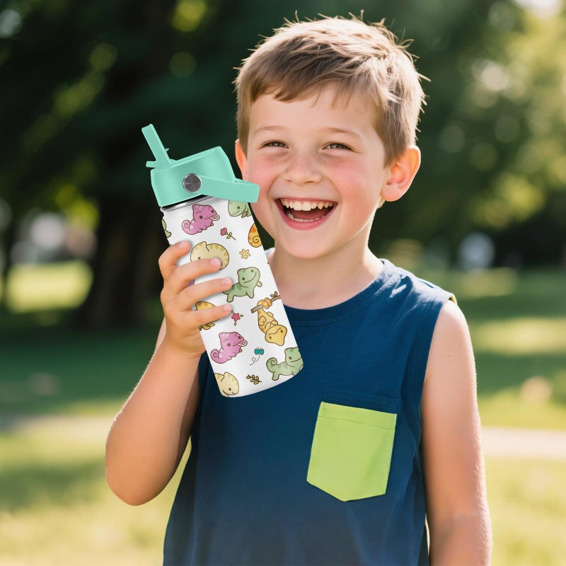 xiiai Axolotl Gifts for Girls - 16oz Green Axolotl Water Bottle with Straw Lid, Stainless Steel Insulated Tumbler, Leak Proof, for Boys, Sport, Travel, School - Animal Lovers Children Birthday Gift Cup(1pc) - Image 2