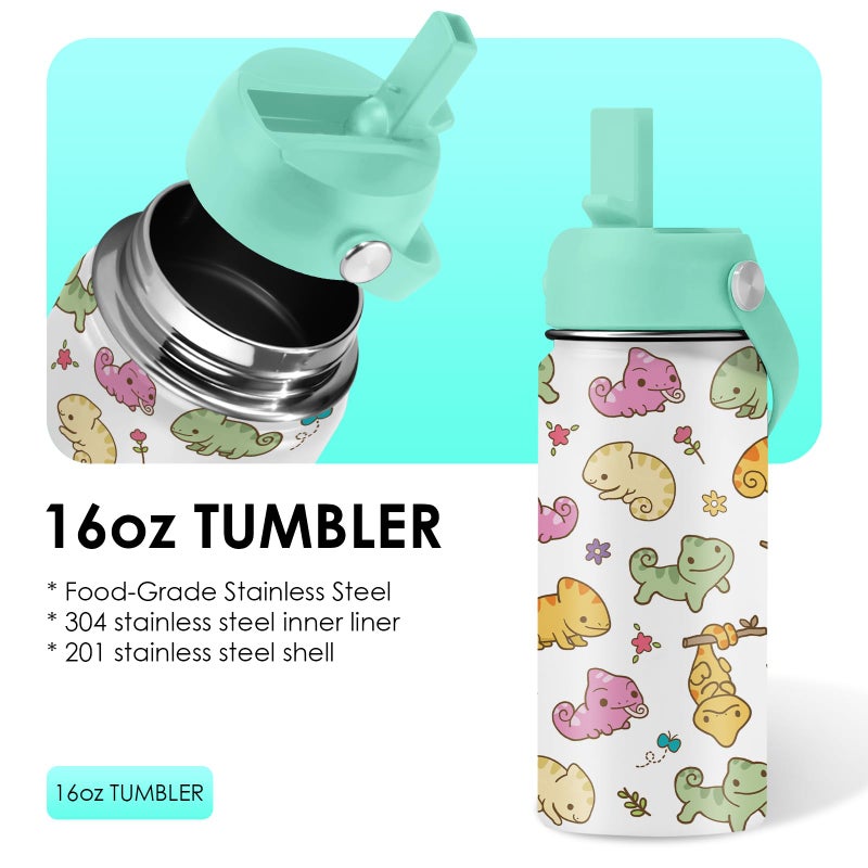 xiiai Axolotl Gifts for Girls - 16oz Green Axolotl Water Bottle with Straw Lid, Stainless Steel Insulated Tumbler, Leak Proof, for Boys, Sport, Travel, School - Animal Lovers Children Birthday Gift Cup(1pc) - Image 3