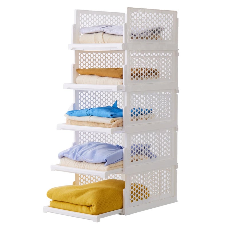 Uni HIMO Pull-out Plastic Storage Basket,Stackable Closet Organizers Drawer Anti-Tipping, Reinforced Stable Shelf Container for Bathroom Laundry Room Storage, Space-Saving Clothes Storage (White, 5L) - Image 1