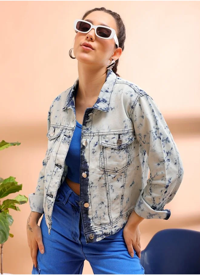مرفوعة Women Casual Regular Fit Long Sleeve Tie And Dye Trucker Denim Jacket