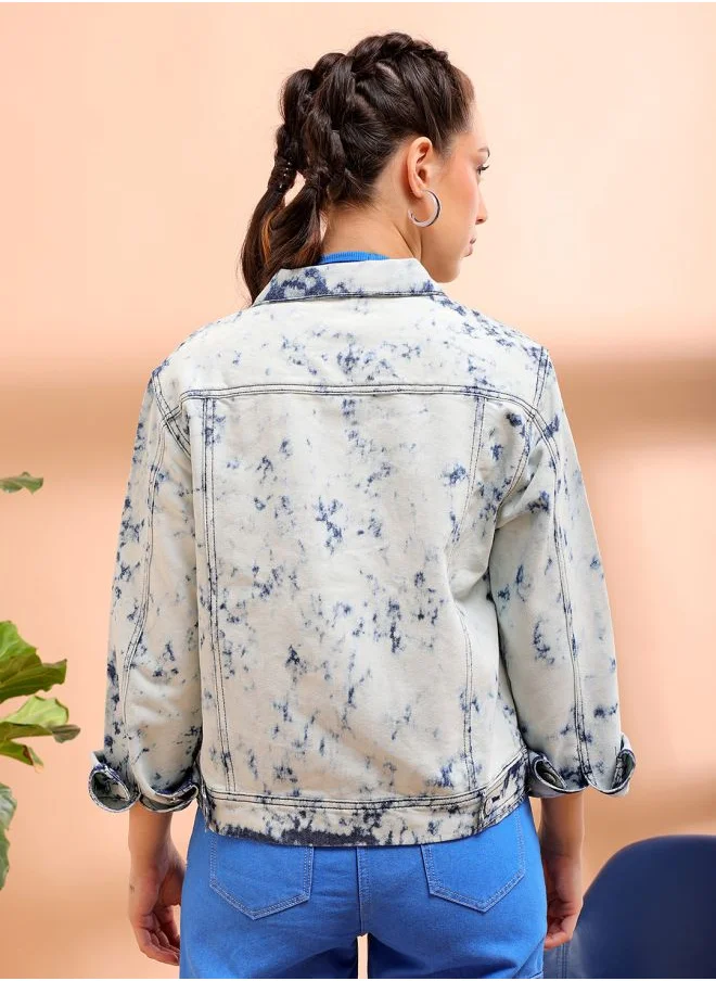 مرفوعة Women Casual Regular Fit Long Sleeve Tie And Dye Trucker Denim Jacket