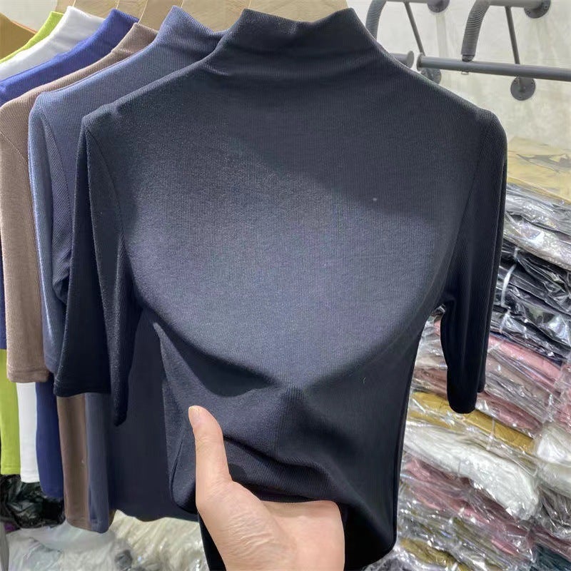 High-end Slimming Half-high Collar Half-sleeve T-shirt Women's Design Sense Niche New Slim-fit Base Shirt Mid-sleeve Top