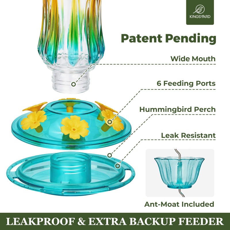Kingsyard Glass Hummingbird Feeders for Outdoors Hanging, 25 oz Leak Proof Hummingbird Feeder with Ant Moat & 6 Bee Proof Feeding Ports, Turquoise - Image 4