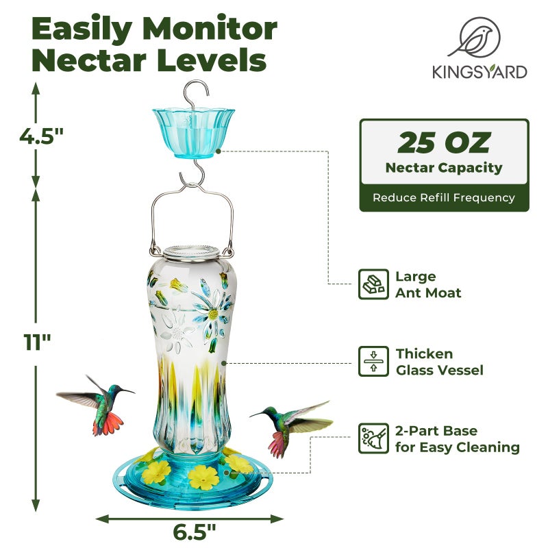 Kingsyard Glass Hummingbird Feeders for Outdoors Hanging, 25 oz Leak Proof Hummingbird Feeder with Ant Moat & 6 Bee Proof Feeding Ports, Turquoise - Image 2