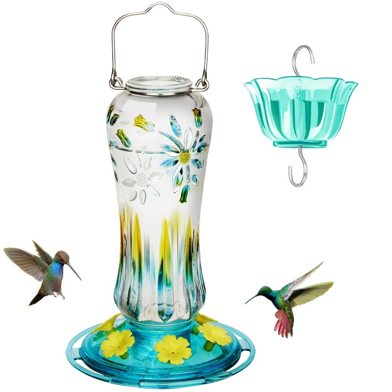 Kingsyard Glass Hummingbird Feeders for Outdoors Hanging, 25 oz Leak Proof Hummingbird Feeder with Ant Moat & 6 Bee Proof Feeding Ports, Turquoise - Image 1