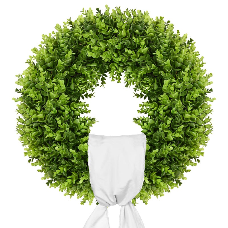 Vlorart 20" Faux Round Boxwood Wreath, Artificial Large Boxwood Wreath Front Door Wreaths Artificial Spring Summer Greenery Hanging with A Plaid Bow for Villa Wall Hanging Window Wedding Party Decor - Image 1