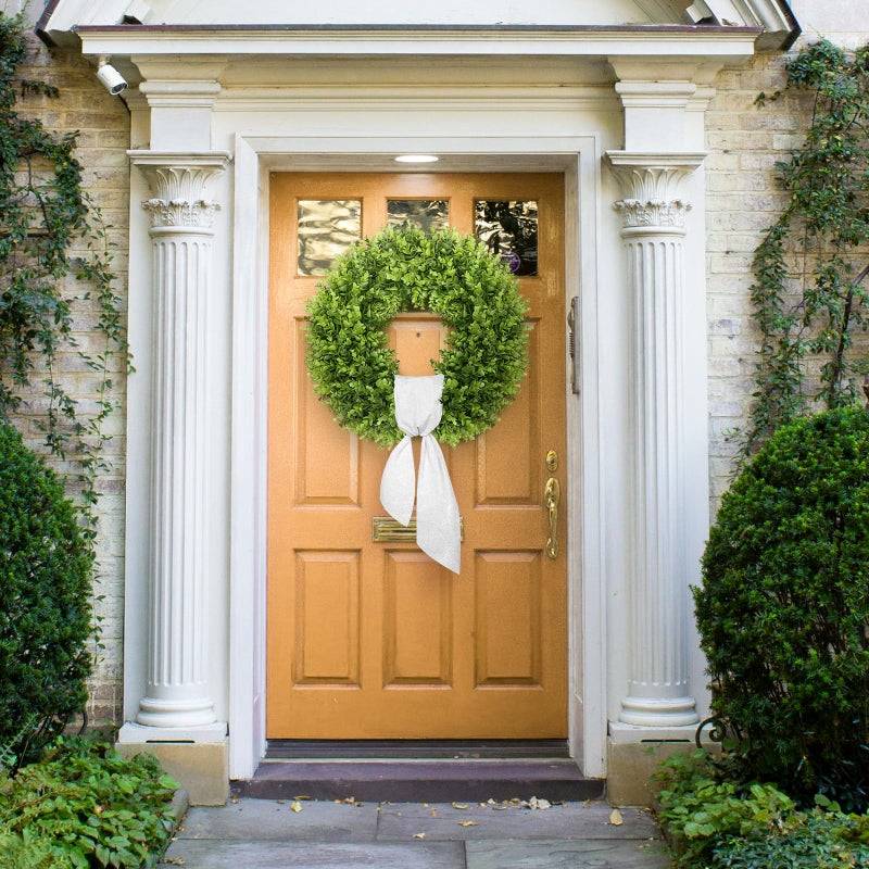 Vlorart 20" Faux Round Boxwood Wreath, Artificial Large Boxwood Wreath Front Door Wreaths Artificial Spring Summer Greenery Hanging with A Plaid Bow for Villa Wall Hanging Window Wedding Party Decor - Image 3