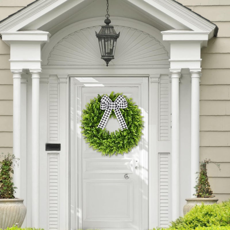 Vlorart 20" Faux Round Boxwood Wreath, Artificial Large Boxwood Wreath Front Door Wreaths Artificial Spring Summer Greenery Hanging with A Plaid Bow for Villa Wall Hanging Window Wedding Party Decor - Image 4