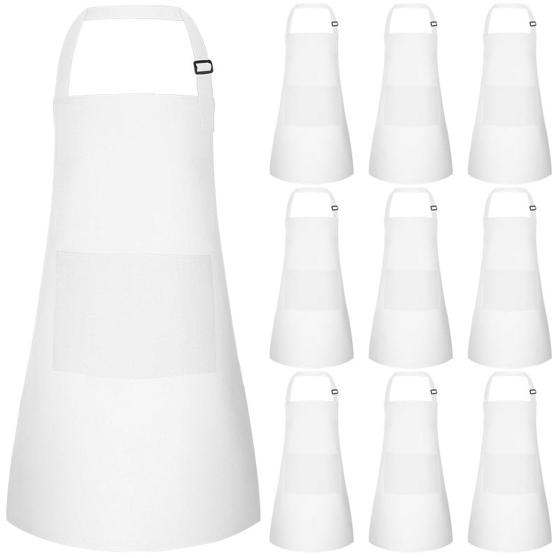 Bouiexye 10 Pack Kids Apron Adjustable Children Apron with 2 Pockets Children Chef Painting Aprons for Cooking Baking Painting Crafts Making (White) - Image 1