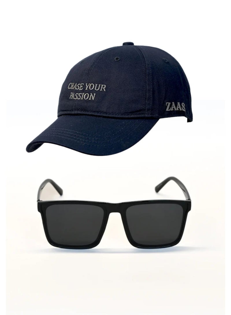 Zaas Black Sunglasses & Navy Blue Cotton Cap Combo for Men and Women | Lightweight Adjustable Hat | Classic Square UV Sunglasses | Stylish Outdoor Set for Travel, Beach & Daily Wear - Image 1