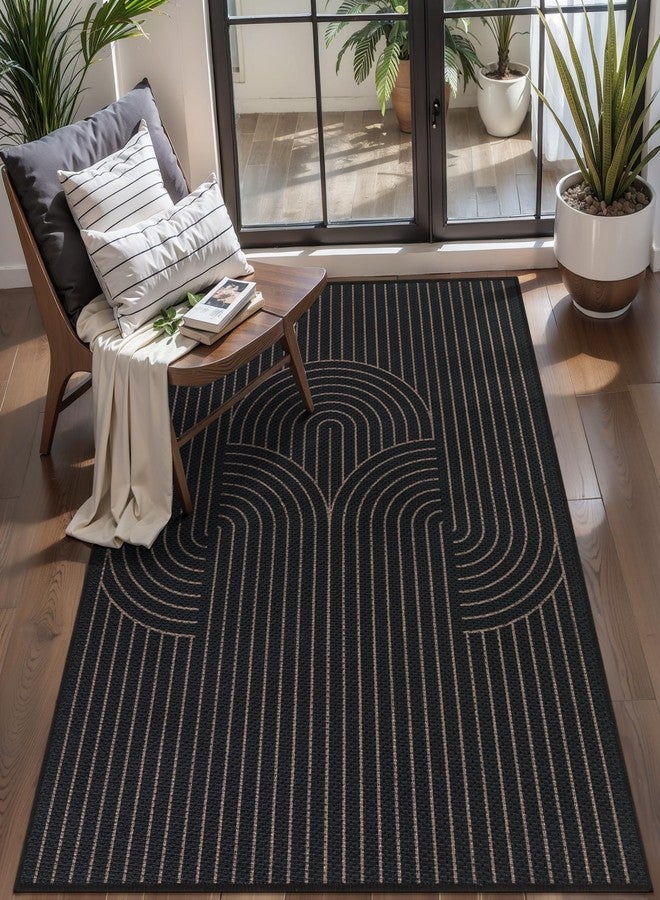 Tangsoo Black Geometric Rainbow Easy Jute 3x5 Rug for Living Room,Non Slip Rubber Backing Thin Indoor Outdoor Area Rug,Washable Boho FarmhouseThrow Carpet for Front Porch Patio Entryway Balcony - Image 1
