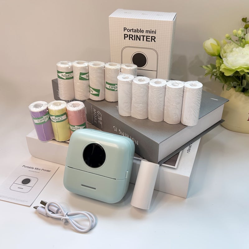 Portable Mini Thermal Printer Bundle Pink Includes 6 Rolls Photo Paper 5 Rolls White Sticker Paper 3 Rolls Color Sticker Paper - Image 1