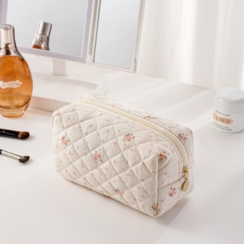 JOVAKIT 2Pcs Makeup Bag Quilted Cosmetic Bag for Women Girls Floral Coquette Cotton Toiletry Zipper Make Up Pouch Travel Storage Organizer Pouch White Small Flowe - Image 3