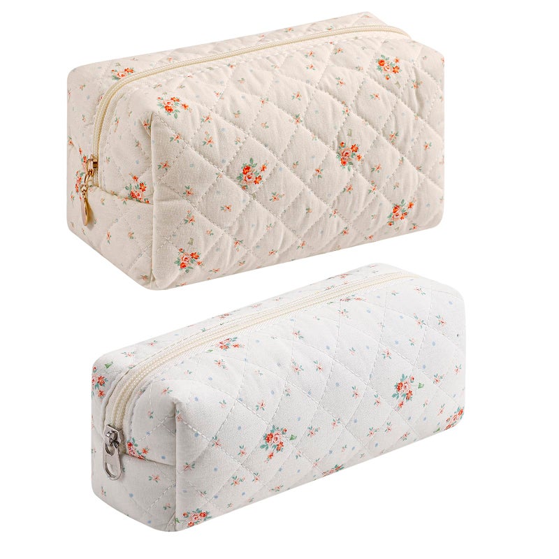 JOVAKIT 2Pcs Makeup Bag Quilted Cosmetic Bag for Women Girls Floral Coquette Cotton Toiletry Zipper Make Up Pouch Travel Storage Organizer Pouch White Small Flowe - Image 2