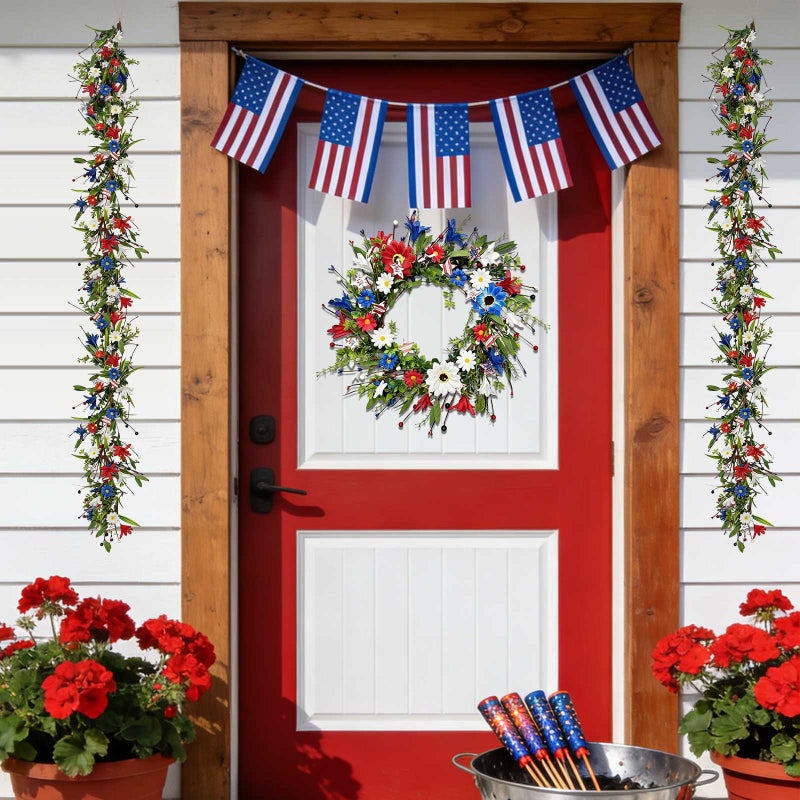 4th Of July Wreath Patriotic Berry Wreath Artificial Star Garland Independence Day Door Hanger Red White Blue Star Wreath For Front Door - Image 5