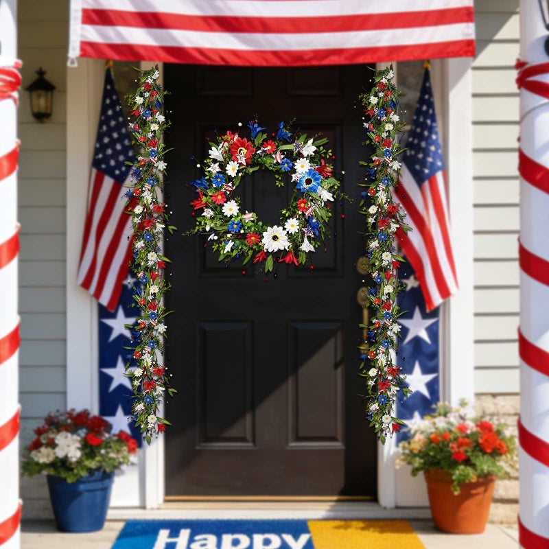 4th Of July Wreath Patriotic Berry Wreath Artificial Star Garland Independence Day Door Hanger Red White Blue Star Wreath For Front Door - Image 4