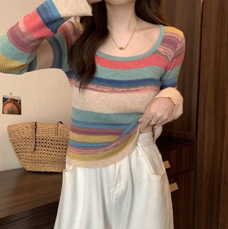 2024 New Versatile Niche Sweet And Spicy Style Square Neck T-Shirt With Design Sense, Color-Block Stripes, Slim Fit, Soft And Comfortable - Image 5