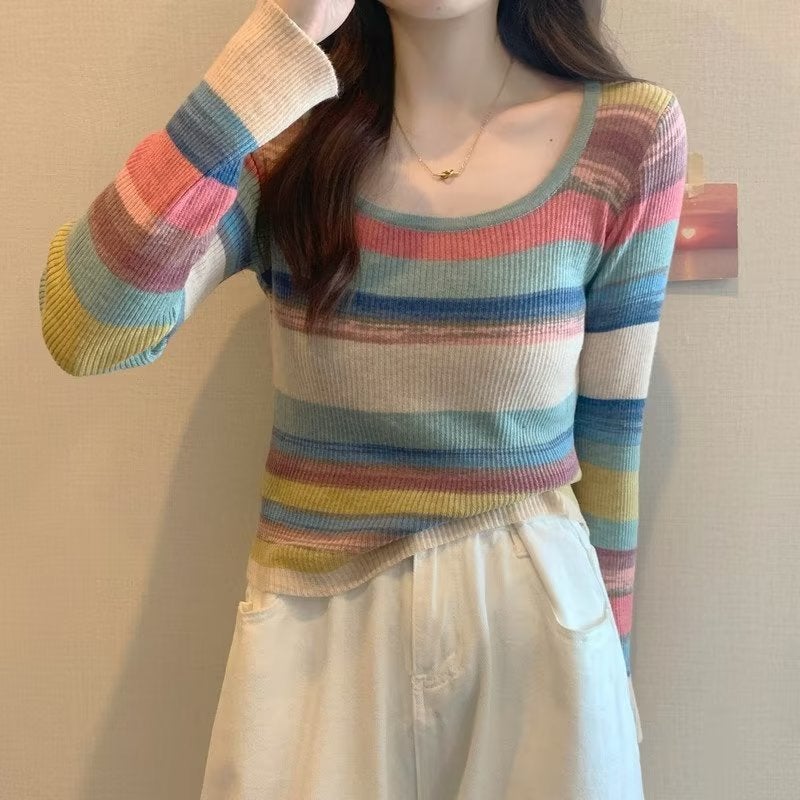 2024 New Versatile Niche Sweet And Spicy Style Square Neck T-Shirt With Design Sense, Color-Block Stripes, Slim Fit, Soft And Comfortable - Image 1