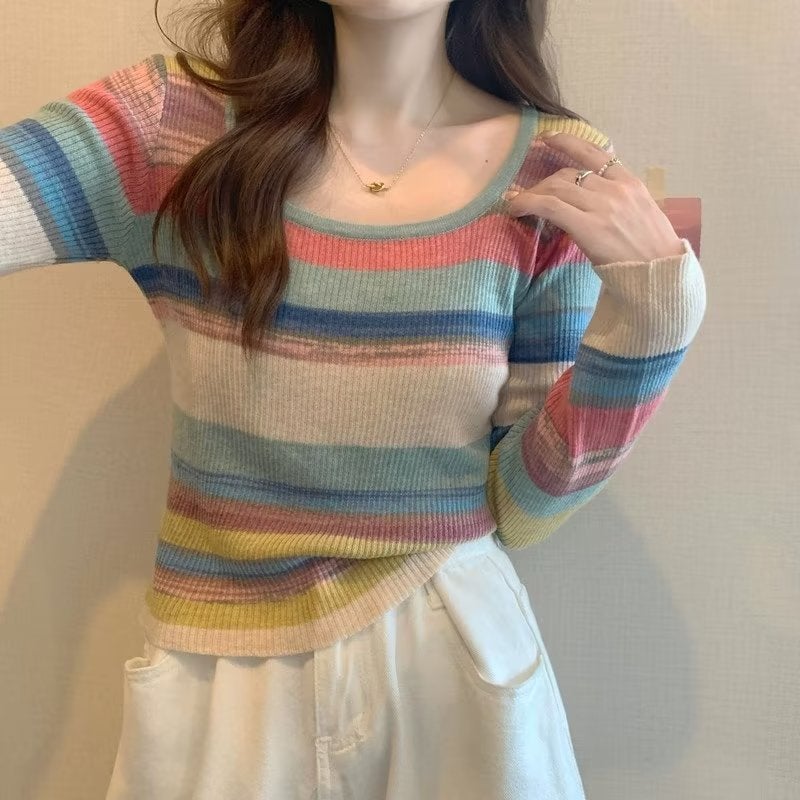 2024 New Versatile Niche Sweet And Spicy Style Square Neck T-Shirt With Design Sense, Color-Block Stripes, Slim Fit, Soft And Comfortable - Image 2