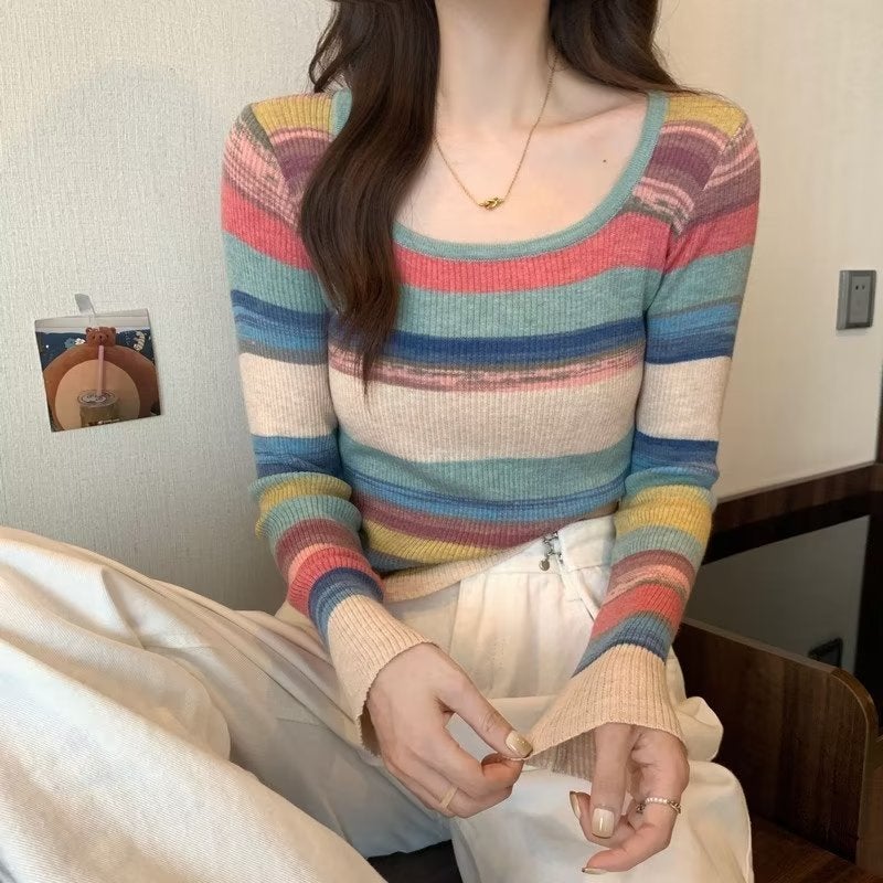 2024 New Versatile Niche Sweet And Spicy Style Square Neck T-Shirt With Design Sense, Color-Block Stripes, Slim Fit, Soft And Comfortable - Image 3
