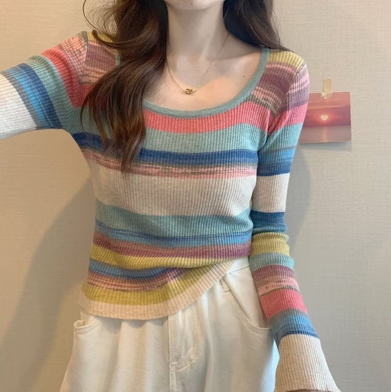 2024 New Versatile Niche Sweet And Spicy Style Square Neck T-Shirt With Design Sense, Color-Block Stripes, Slim Fit, Soft And Comfortable - Image 4