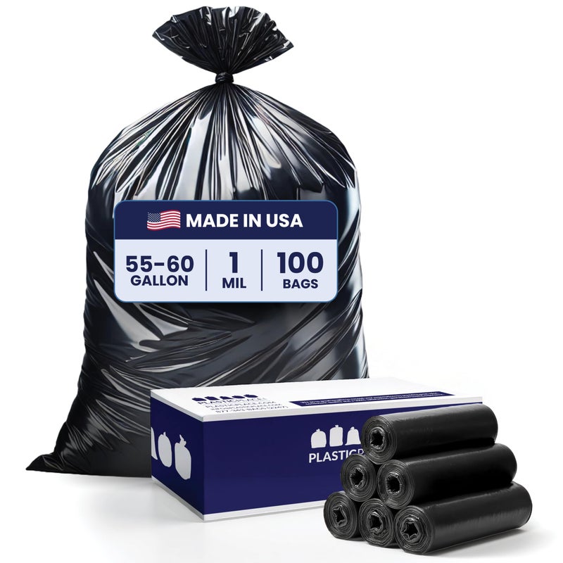 Plasticplace 55-60 Gallon Trash Bags â”‚ 1.0 Mil â”‚ Black Heavy Duty Garbage Can Liners â”‚ 38â€ x 58â€ (100 Count) - Image 1