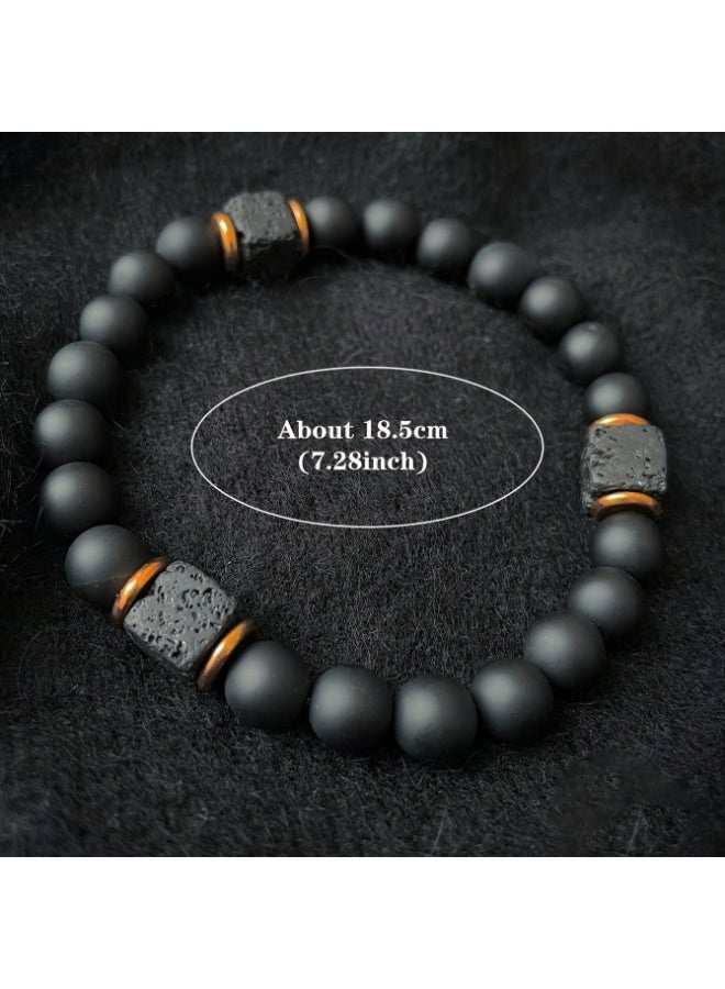 MANBO Men's Volcanic Stone Bracelet with Black Agate Square Design, Stylish Jewelry for the Modern Gentleman - Image 2