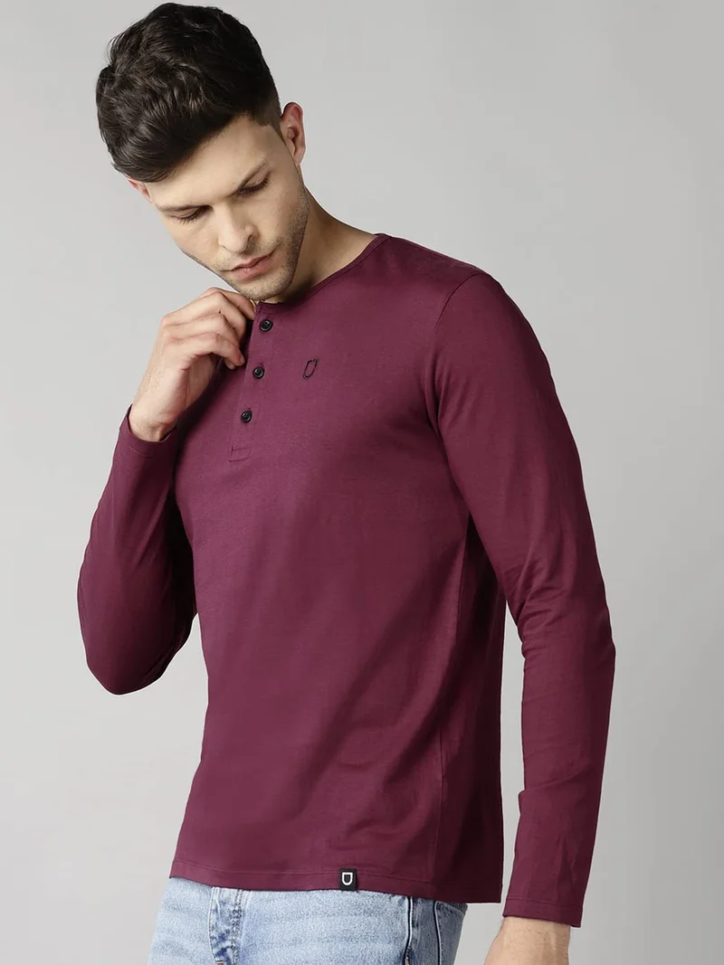 Urbano Fashion Men's Maroon Solid Henley Neck Slim Fit Full Sleeve Cotton T-Shirt
