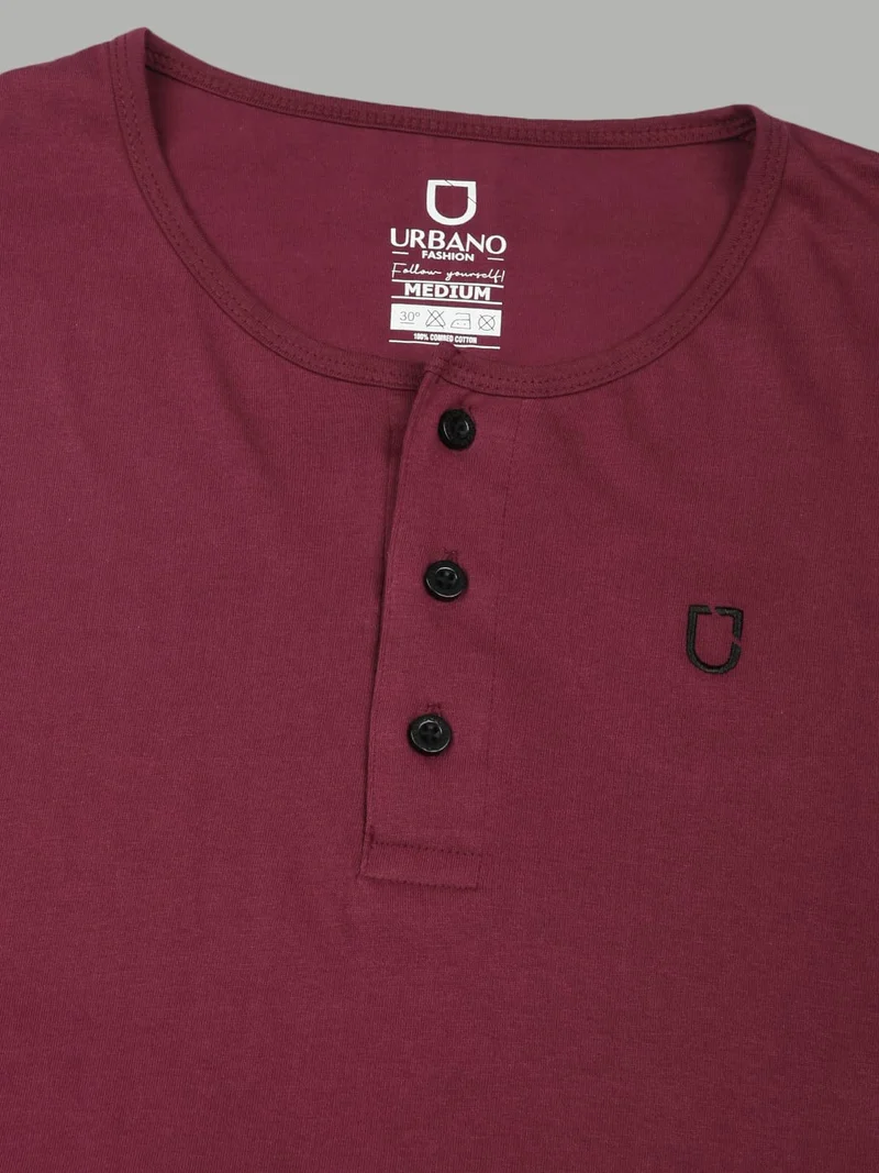 Urbano Fashion  Urbano Fashion Men's Maroon Solid Henley Neck Slim Fit Full Sleeve Cotton T-Shirt  | Best Price UAE