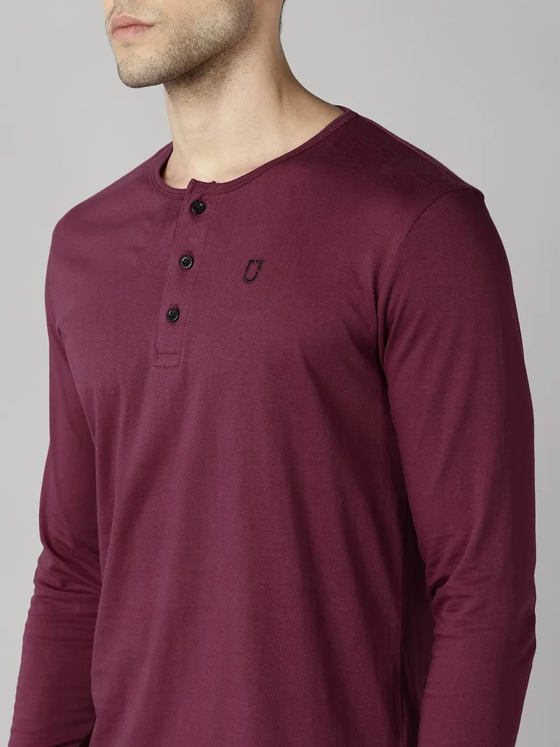 Urbano Fashion  Urbano Fashion Men's Maroon Solid Henley Neck Slim Fit Full Sleeve Cotton T-Shirt  | Best Price UAE
