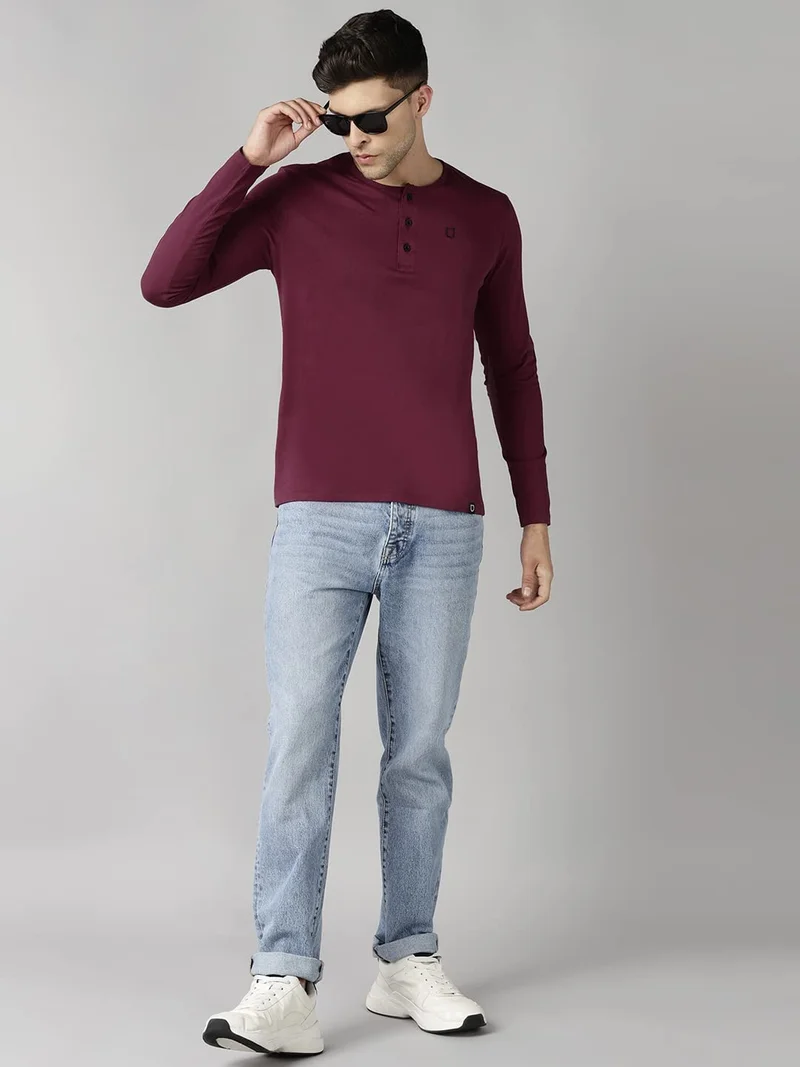 Urbano Fashion  Urbano Fashion Men's Maroon Solid Henley Neck Slim Fit Full Sleeve Cotton T-Shirt  | Best Price UAE