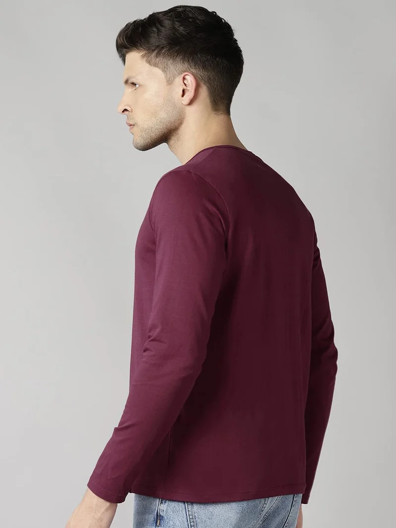 Urbano Fashion  Urbano Fashion Men's Maroon Solid Henley Neck Slim Fit Full Sleeve Cotton T-Shirt  | Best Price UAE