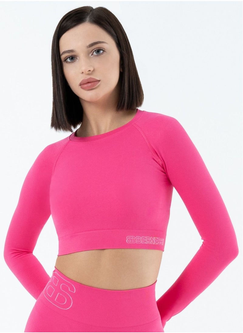 Bernessi Turkiye Nylon Long Sleeve Crop Top with Round Neck Women's Cropped T Shirt for Workout Yoga Running Exercise Textured Pink  - Image 1