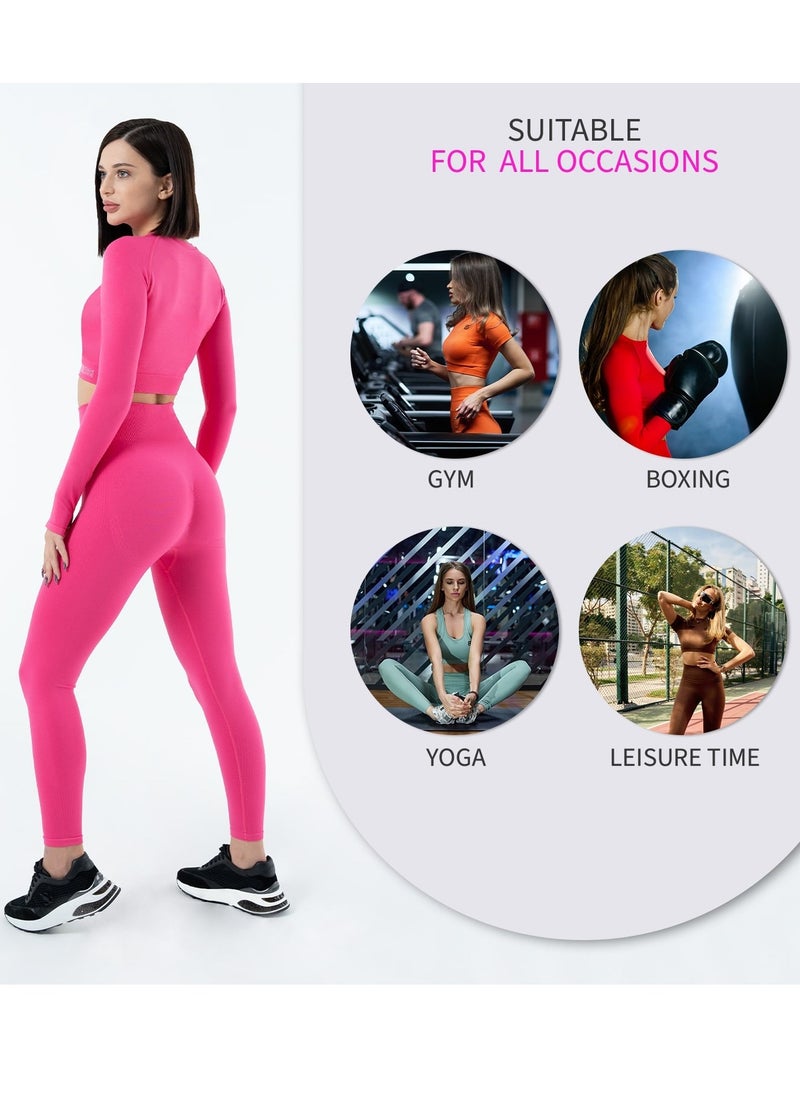 Bernessi Turkiye Nylon Long Sleeve Crop Top with Round Neck Women's Cropped T Shirt for Workout Yoga Running Exercise Textured Pink  - Image 4