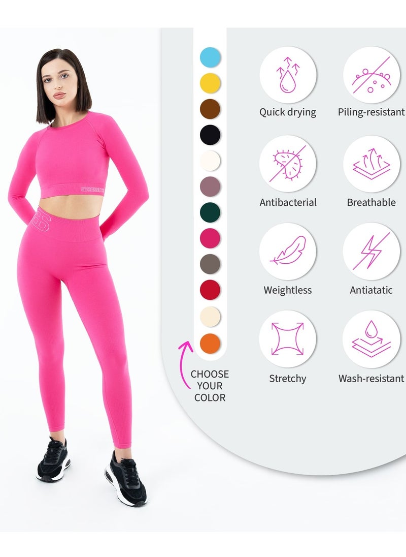 Bernessi Turkiye Nylon Long Sleeve Crop Top with Round Neck Women's Cropped T Shirt for Workout Yoga Running Exercise Textured Pink  - Image 5