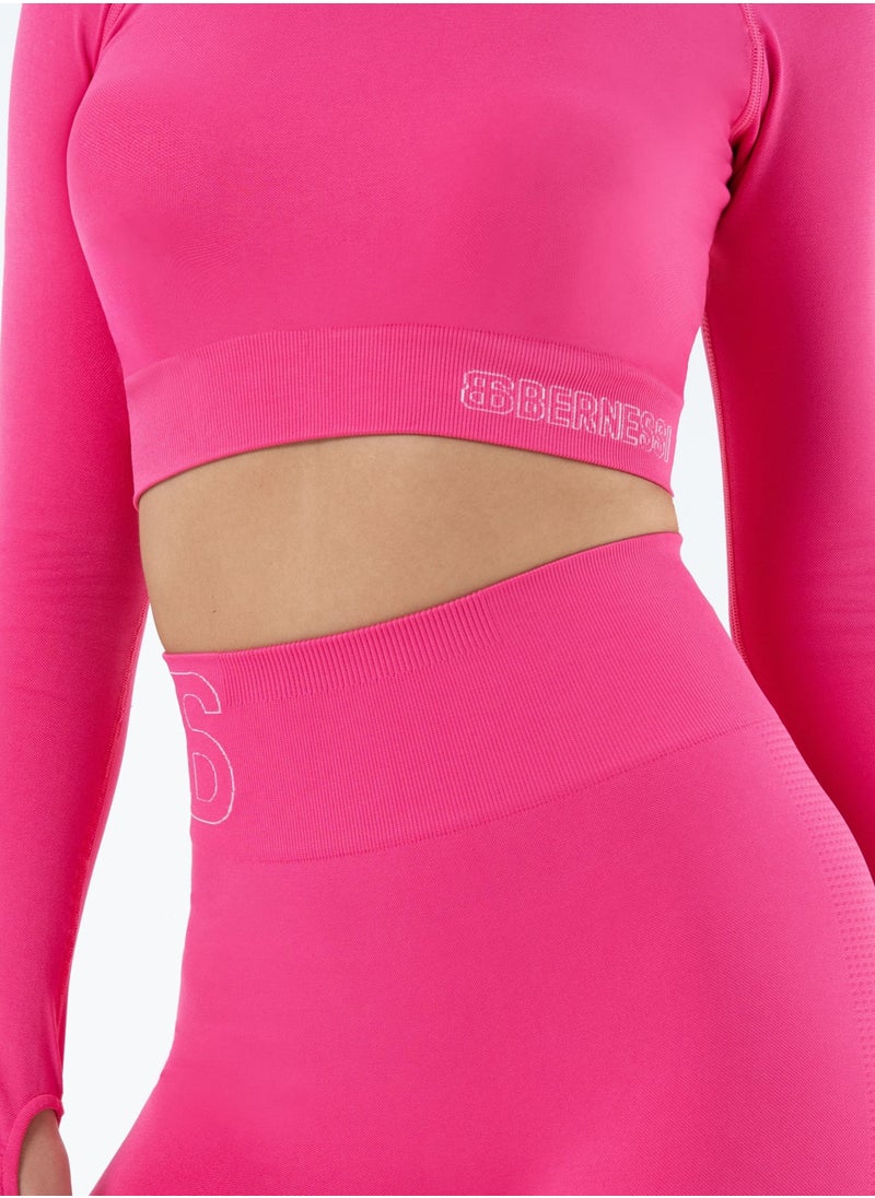 Bernessi Turkiye Nylon Long Sleeve Crop Top with Round Neck Women's Cropped T Shirt for Workout Yoga Running Exercise Textured Pink  - Image 2
