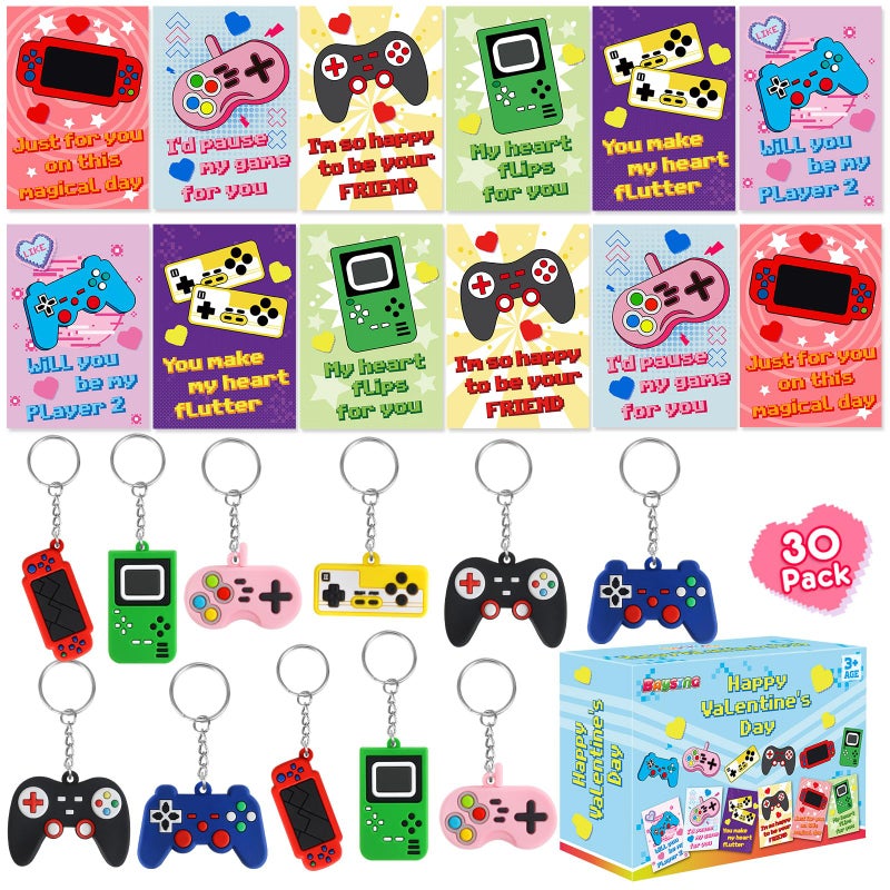 BAYSING 30 Pack Valentines Day Gifts for Kids, Valentines Keychain with Cards, Classroom Exchange Prizes & Party Favors, Kids Valentines Day Cards, Ideal Valentine Gifts for Boys Girls - Image 1