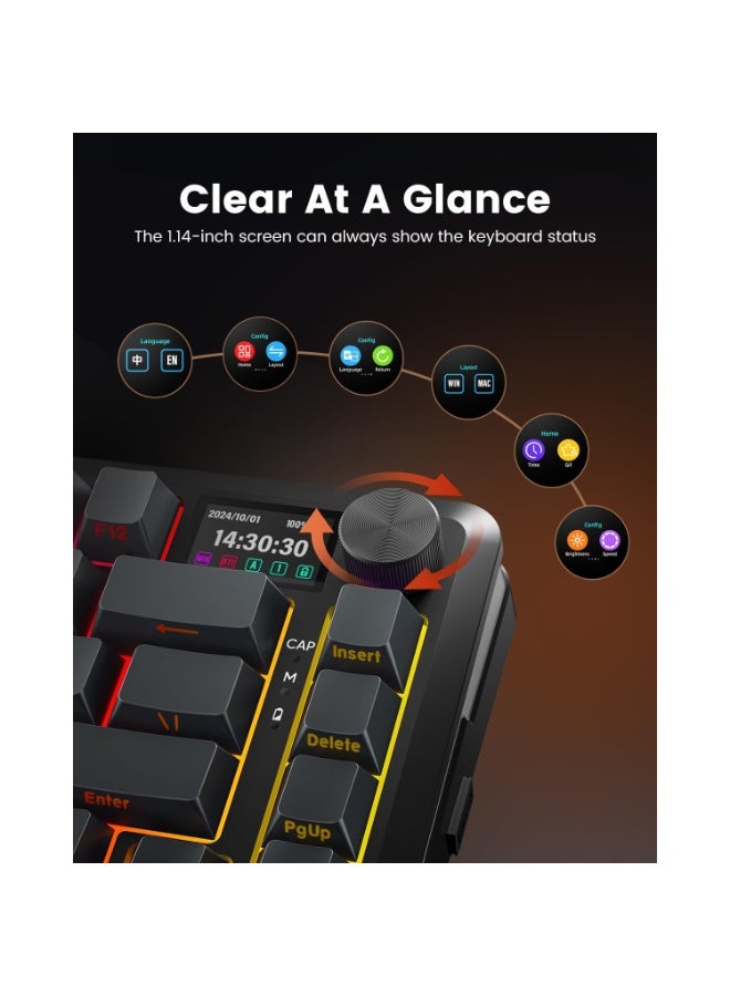 ريدراجون لوحة مفاتيح الألعاب الميكانيكية اللاسلكية K708 Pro - مزودة بحشية وإضاءة خلفية RGB، 81 مفتاحًا قابلًا للتخصيص، 3 أوضاع (2.4 جيجاهرتز/بلوتوث/USB)، مفاتيح قابلة للتبديل السريع ومزيتة مسبقًا، شاشة ومقبض تحكم - Image 2