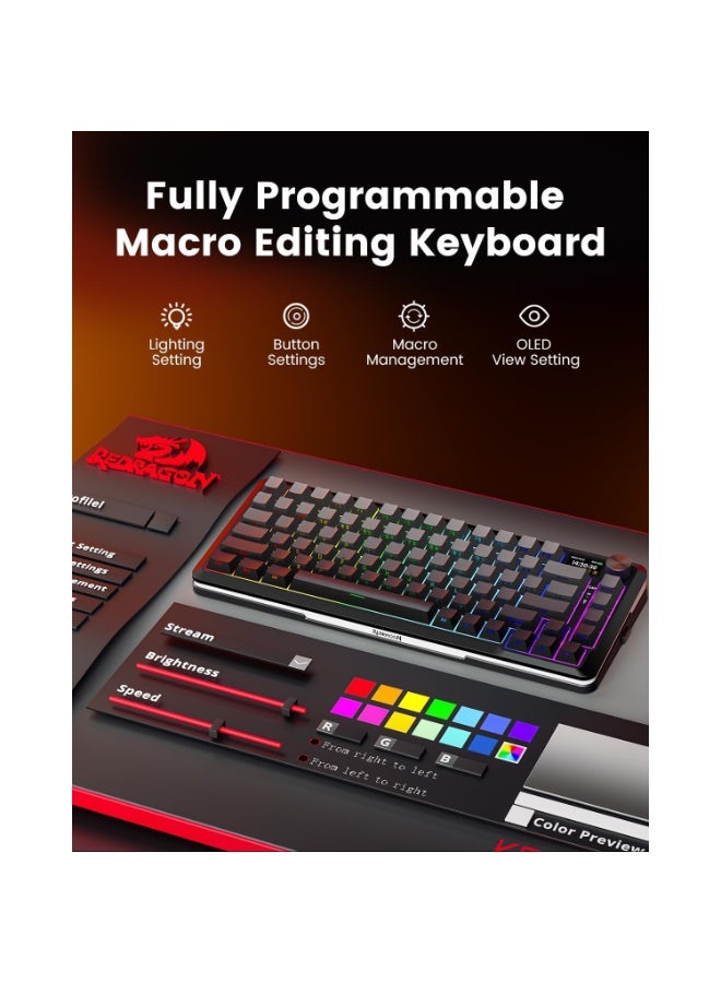 ريدراجون لوحة مفاتيح الألعاب الميكانيكية اللاسلكية K708 Pro - مزودة بحشية وإضاءة خلفية RGB، 81 مفتاحًا قابلًا للتخصيص، 3 أوضاع (2.4 جيجاهرتز/بلوتوث/USB)، مفاتيح قابلة للتبديل السريع ومزيتة مسبقًا، شاشة ومقبض تحكم - Image 5