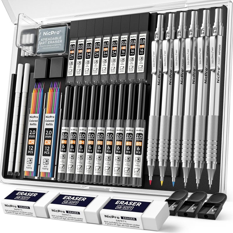 Nicpro مجموعة أقلام رصاص ميكانيكية معدنية سوداء من نيكبرو 35 قطعة في علبة، قلم رسم 0.5، 0.7، 0.9 مم و 3 قطع حامل رصاص 2 مم للرسم والتخطيط مع 20 عبوة إعادة تعبئة رصاص (6B 4B 2B HB 2H 4H ألوان) - Image 1