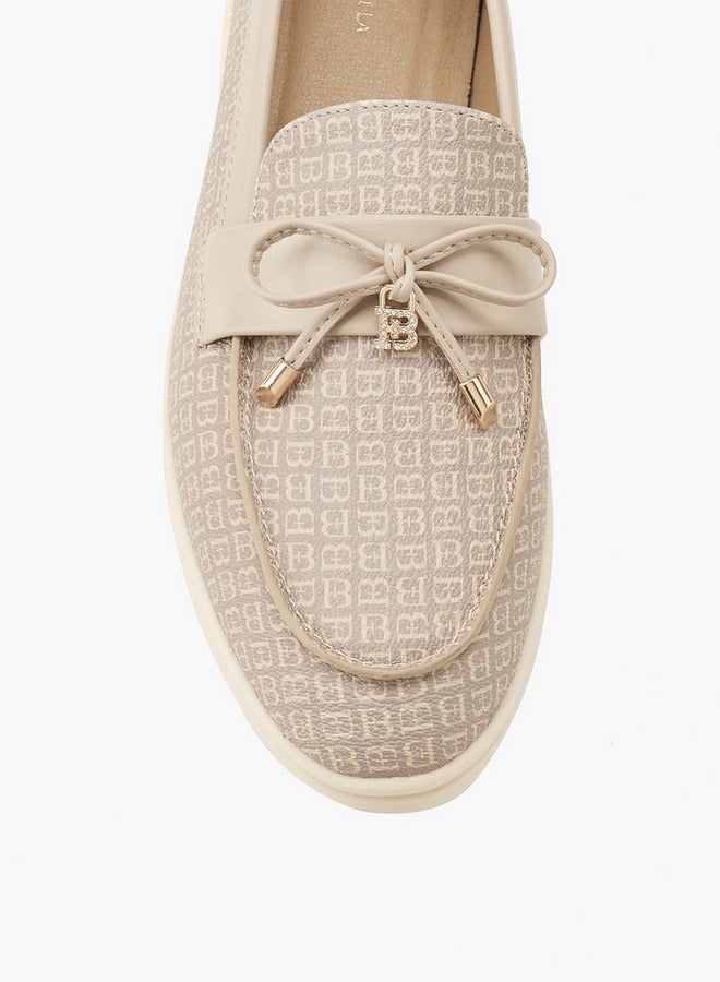 Flora Bella By Shoexpress Monogram Print Slip-On Loafers with Bow Accent - Image 4