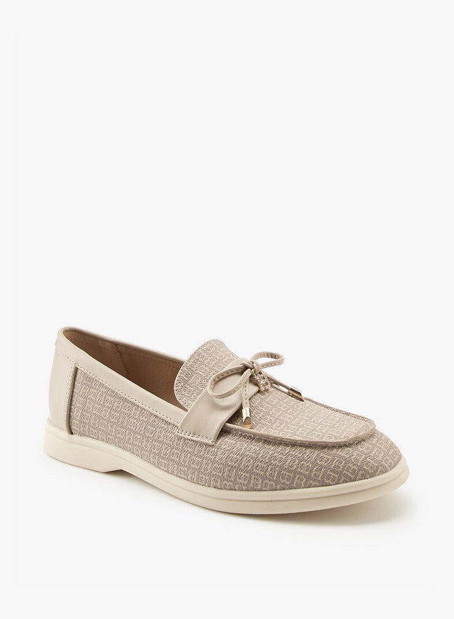 Flora Bella By Shoexpress Monogram Print Slip-On Loafers with Bow Accent - Image 3