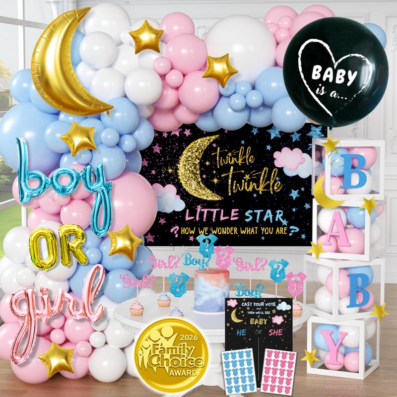 RainMeadow 191 PC Premium Twinkle Twinkle Little Star Gender Reveal Decorations - Includes: Balloon Arch Garland - GIRL BOY Boxes - Gender Reveal Balloon - Cloth Backdrop - Games - Cupcake Toppers and More - Image 1
